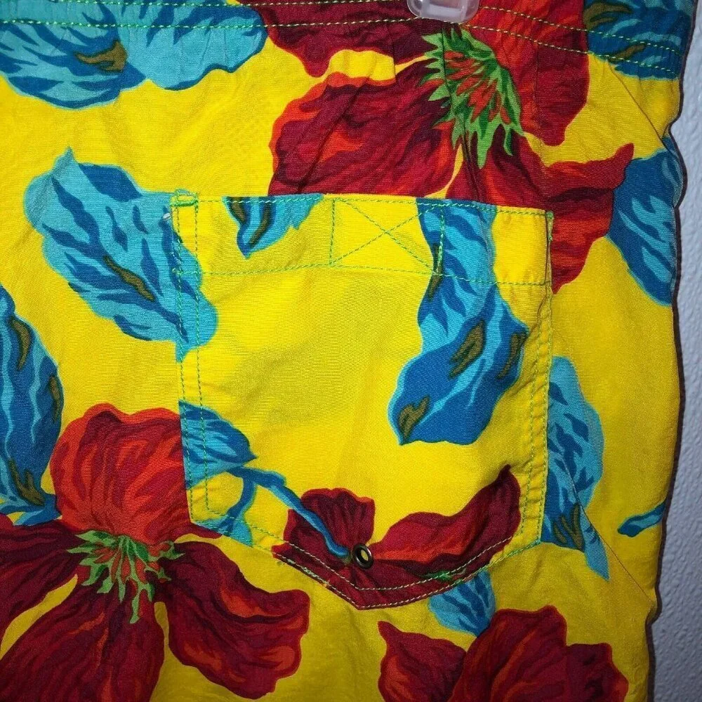 VTG Polo Sport Ralph Lauren Mens Large Yellow Floral Hawaiian Shorts Swim Trunks